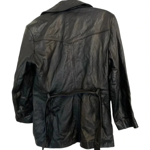 Jl colebrook black leather double breasted coat small belted button collared - Picture 2 of 3